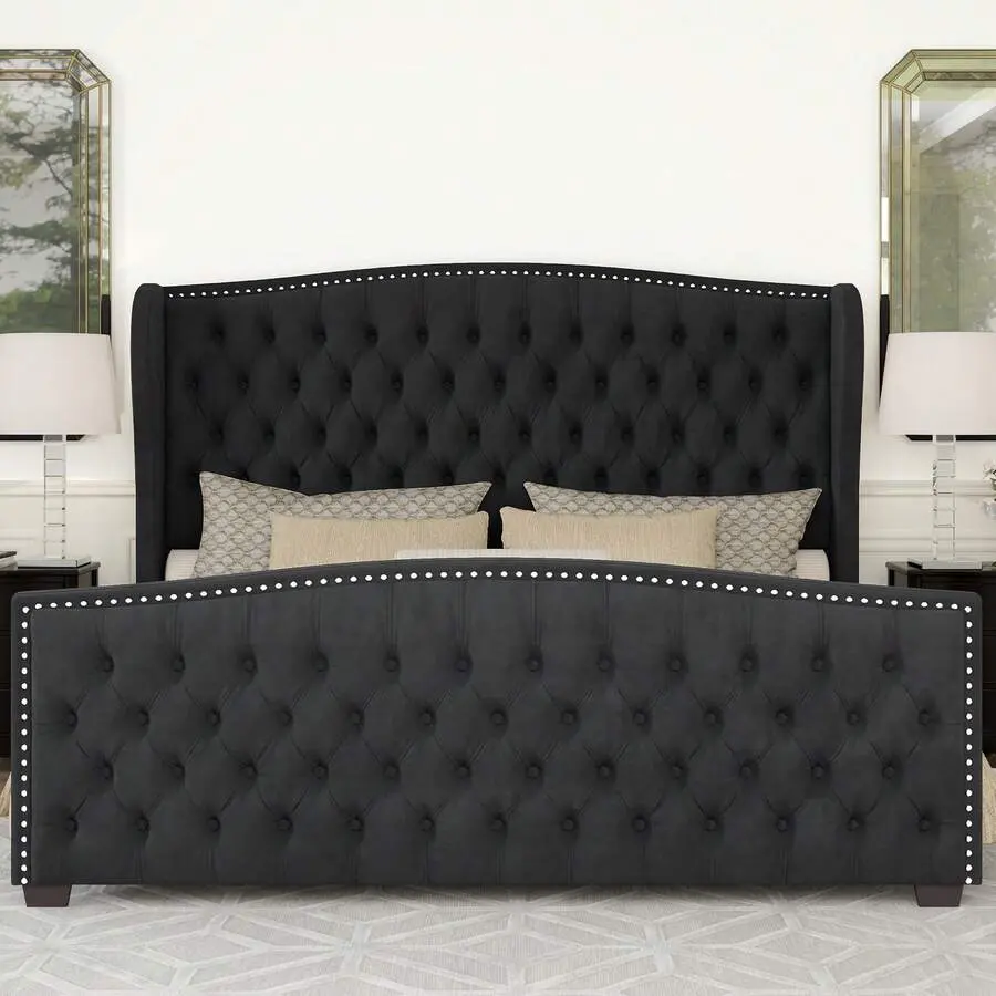 Queen/King/California King Size Velvet Upholstered Platform Bed Frame With Handmade Wingback Headboard, Button Tufted And Nailhead Design, Wooden Slats Support For Bedroom Furniture, Bed Frames For Queen, Queen Size Bed, King Size Bed Frame
