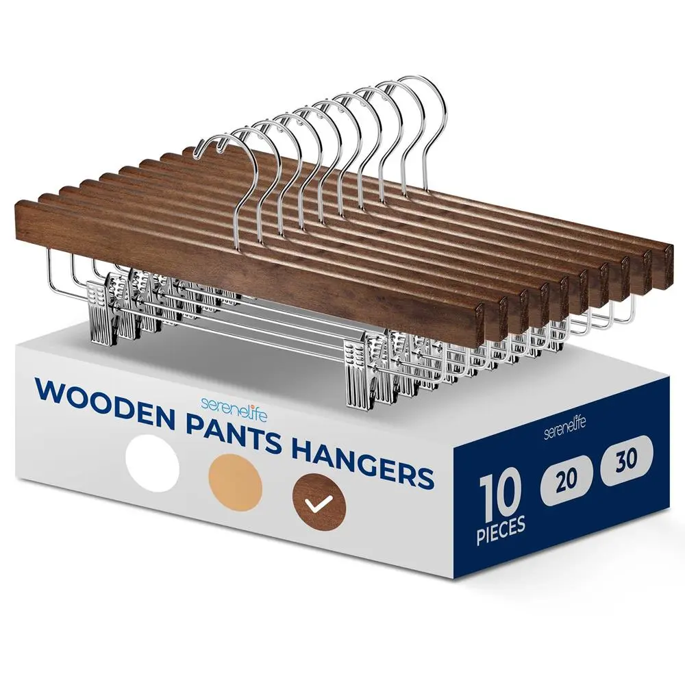10-Pack Wooden Pants Hangers - Retro Brown | Minimalist Non-Slip Hanger Set with  Adjustable Clips & 360° Swivel Hook - Space-Saving Closet Hangers for Jeans, Trousers - Household Essentials