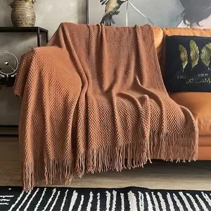 Knitted Throw Blanket with Tassels Bubble Textured Lightweight Throws for Couch Cover Home Decor (Caramel, 50x60)