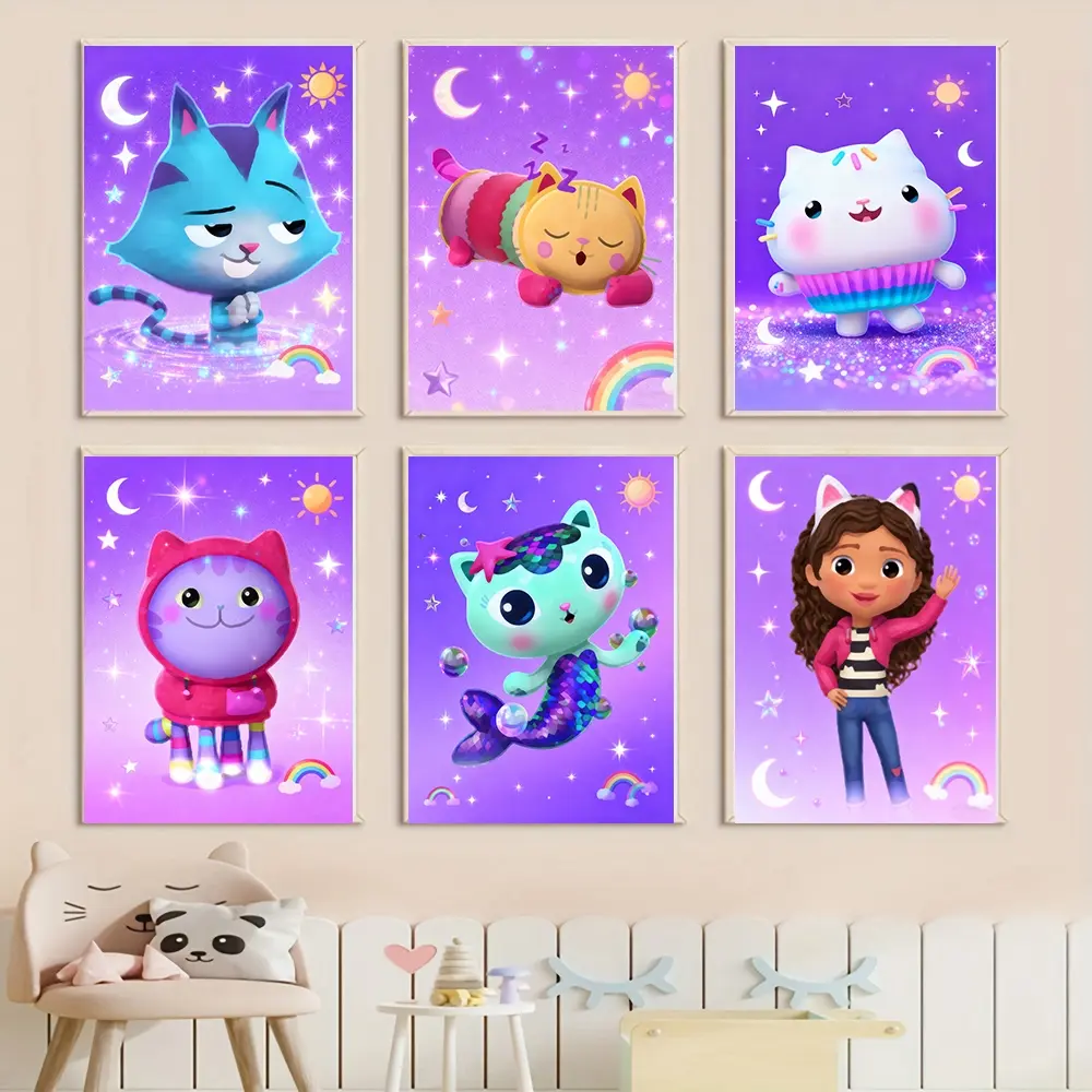 6pcs Cartoon Anime Posters Kawaii Girl Canvas Painting, Animal Wall Art for Bedroom & Living Room, Unframed Art Print Home Decor, Decoration Items, Creative Design Print