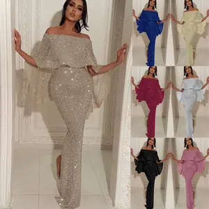 Women's Sleeveless Off-Shoulder Tube-Back Large Ruffle Sparkly Close-Fit Embellished Formal Dress - Elegant Tea-Length Split Bodycon for Evening Party Prom, Formal Wear, Elegant Evening Dresses