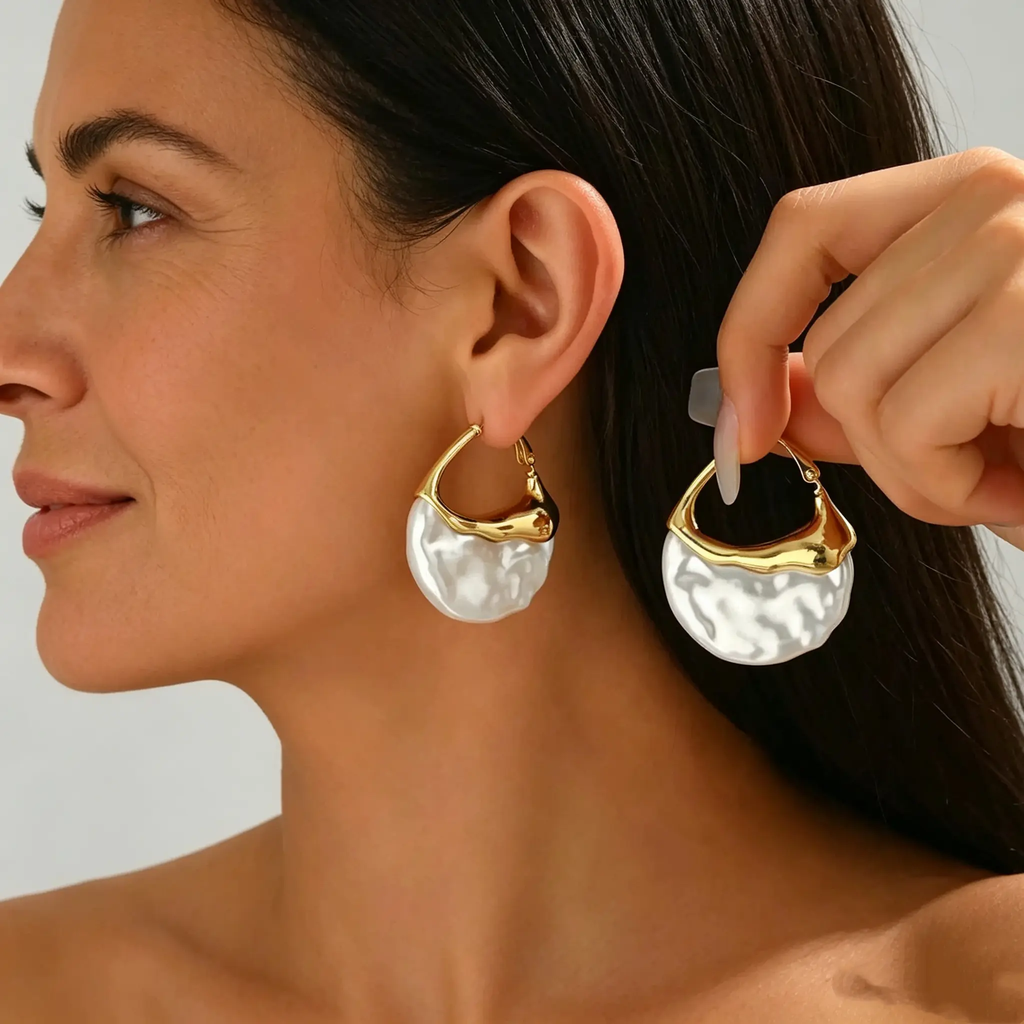 Hooped Shape Pearl Earrings in Stainless Steel, Minimalist Baroque Irregular Jewelry for Women, Versatile Daily Wear Accessory, Copper, Fashion, Female, Pearl Accents