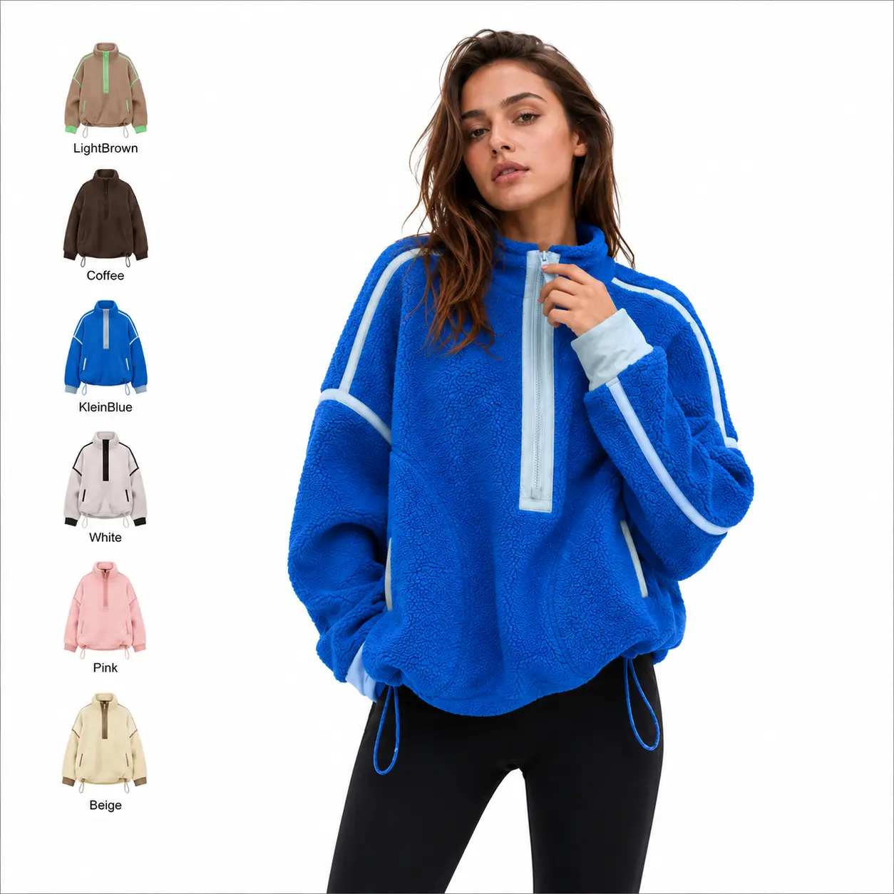 Yeokou Women's Fluffy Sherpa Teddy Fleece Half-Zip Pullover, Polyester Long-Sleeve Hoodie with Pocket, Loose Baggy Casual Layering Tops for Party Style