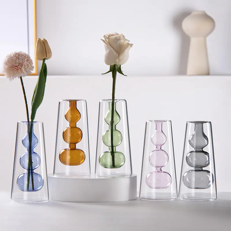 Transparent glass double colored glass vase creative hydroponics living room home decoration ornaments Decorative Flower Vase Glass Vases for Centerpieces Clear Glass Vase