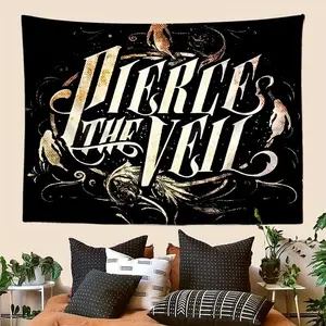 1pc "Pierce the Veil" Music Album Cover Art Tapestry - Polyester, Black with White & Golden Swirls, Bird Motifs - Ideal for Bedroom, Living Room, Dorm Decor - Perfect Gift for Music Lovers Tapestry