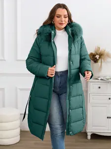 Women's Winter Cotton Jacket, Hooded Long Sleeve Warm Coat, Fitted Plain Style, Fall & Winter Fashion, Includes Belt