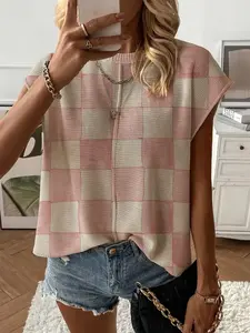 Summer Round Neck Short Sleeve Knit Top Blouse, Loose Fit Geometric Print, Casual Elegant Commuter, Bikini Cover-Up, Women's Fashion