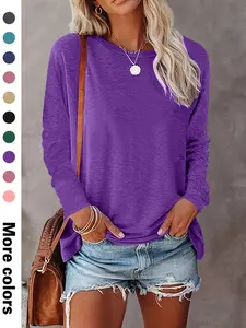 Women's Plain Drop Shoulder Long Sleeve Tee, Casual Basic Crew Neck T-Shirt for Fall & Winter, Women's Top for Daily Wear
