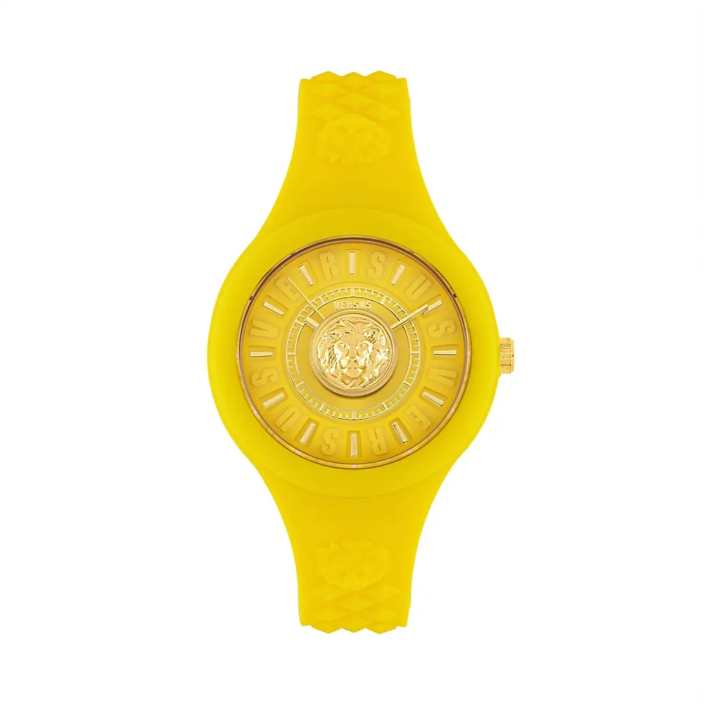 Yellow Fire Island Style Letters Wrist Watch, 39mm Silicone Strap with Studded 3D Lion Head, Gold-Tone Enamel Dial, Letters Wrist Watches