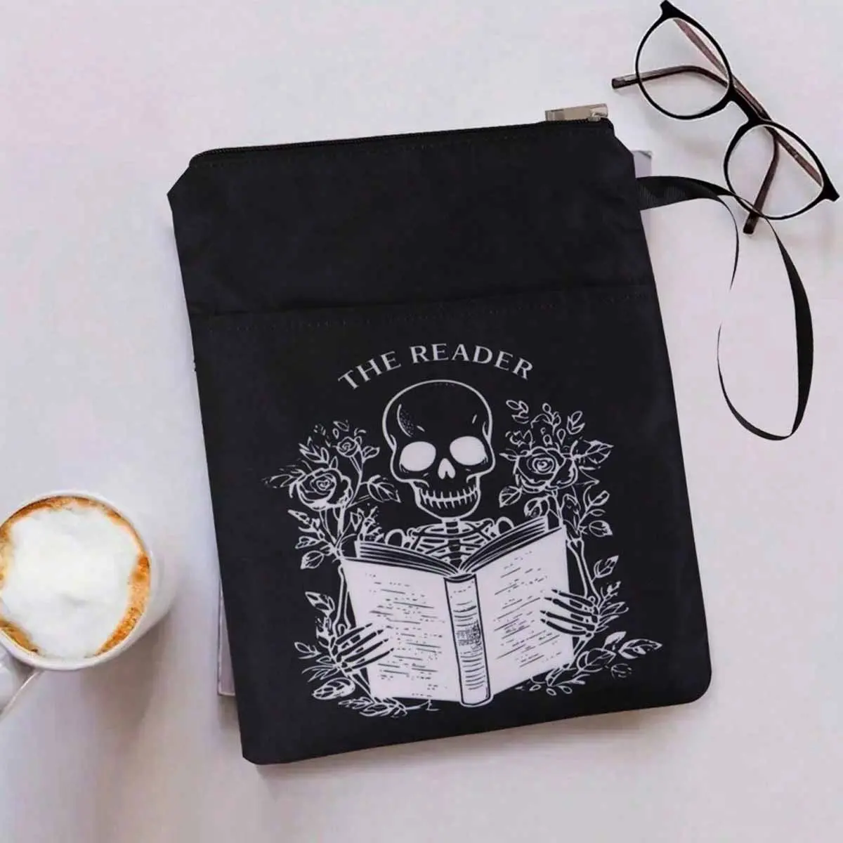 Skull & Book Pattern Zipper Book Cover, Waterproof Book Case with Accessory Pocket, Desk Organizer, Desk Gadgets for Home Office School, Halloween, Office Supplies, Office Essentials, Book Accessories