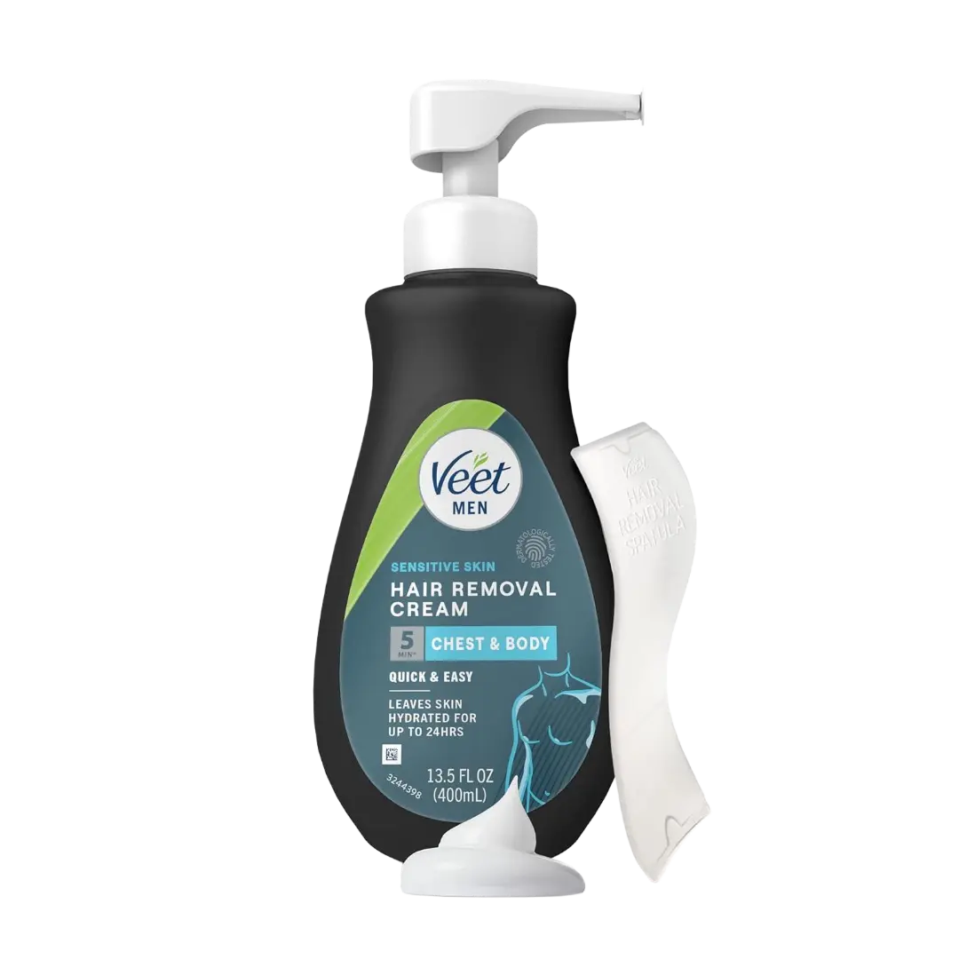 Veet Men's Sensitive Skin Dermatologically Tested Hair Removal Gel Cream (13.5 oz) - 5 Min Results, Includes Spatula, for Body, Chest & Back - Body Care, Cosmetic Hair Removal Cream