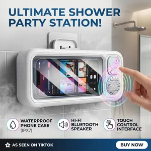 Bathroom Shower Waterproof Phone Holder, 360°Rotation Touch Screen Phone Mount Box, Waterproof Sealed Mobile Phone Case, Handsfree Movie Watching Music Listening Speaker, Wall Mounted Shower Phone Bracket For Bathroom Shower Room Daily Use