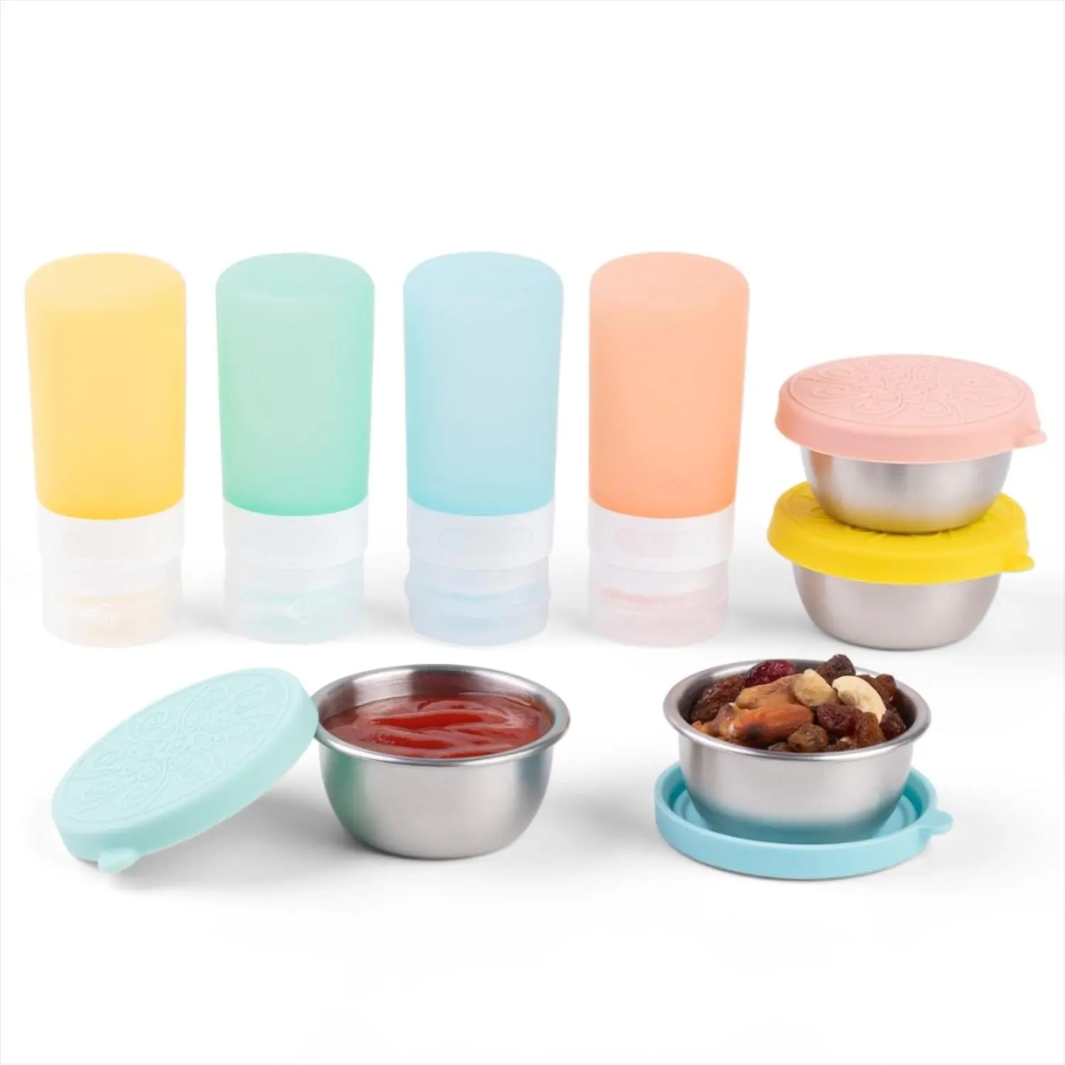 8-Pack Leakproof Salad Dressing To-Go Containers Set - 1-oz Silicone Condiment Squeeze Bottles & 1.6-oz Stainless Steel Sauce Cups with Lids for Lunch Box (Kitchen Food Storage Utensils)