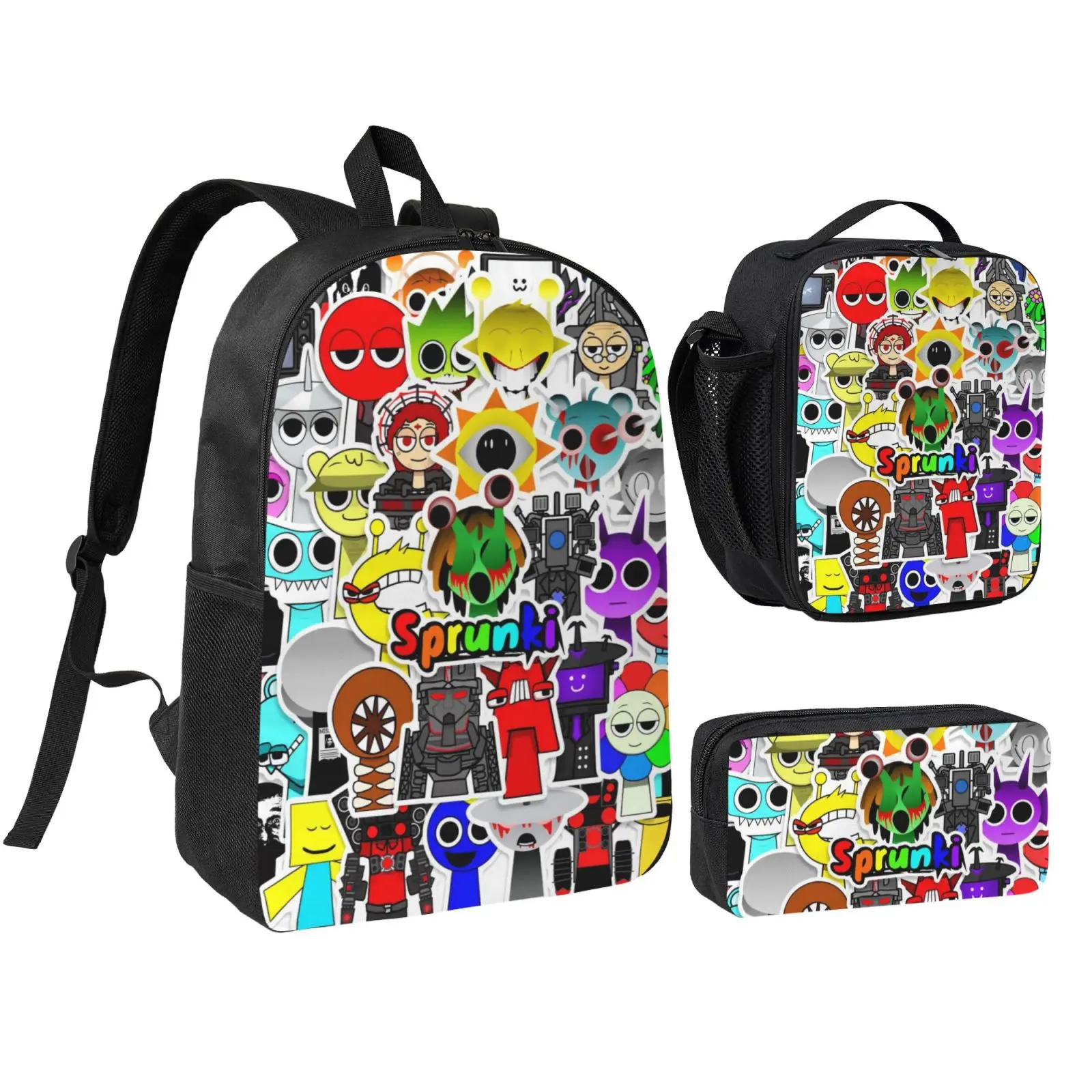 Sprunki Backpack Youth Cute 3-Piece Cartoon Backpack Set Pencil case Lunch Bag, Large Capacity 17 inch Laptop Backpack 3D Print Game Cartoon Pattern Travel Daypack
