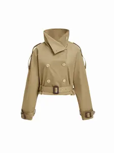 Cider Funnel Collar Double Breasted Trench Coat With Belt