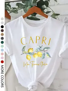 Women's Lemon Print Graphic Round Neck Tee, Casual Short Sleeve Crew Neck T-shirt for Daily Wear, Ladies Sleepwear for All Seasons, Top