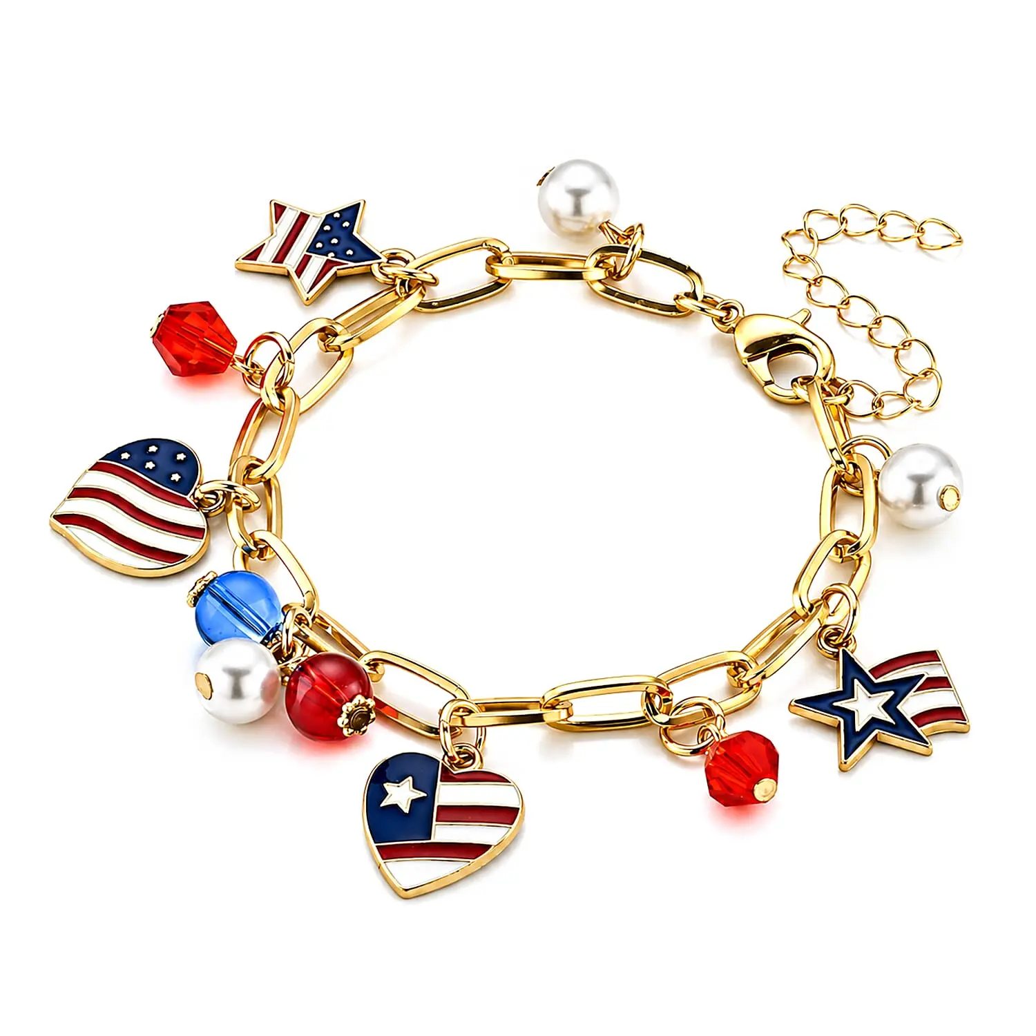 Red  Crystal and Multi Pearl Glass, Enameled USA Independence Day inspired Charm Bracelet in Silvertone 7.5-9.5In