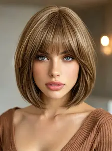 10 Inch Synthetic Fiber Heat-Resistant Short Bob Wig with Bangs, Golden Highlights, Natural Look, Fashion Headpiece for Daily Wear