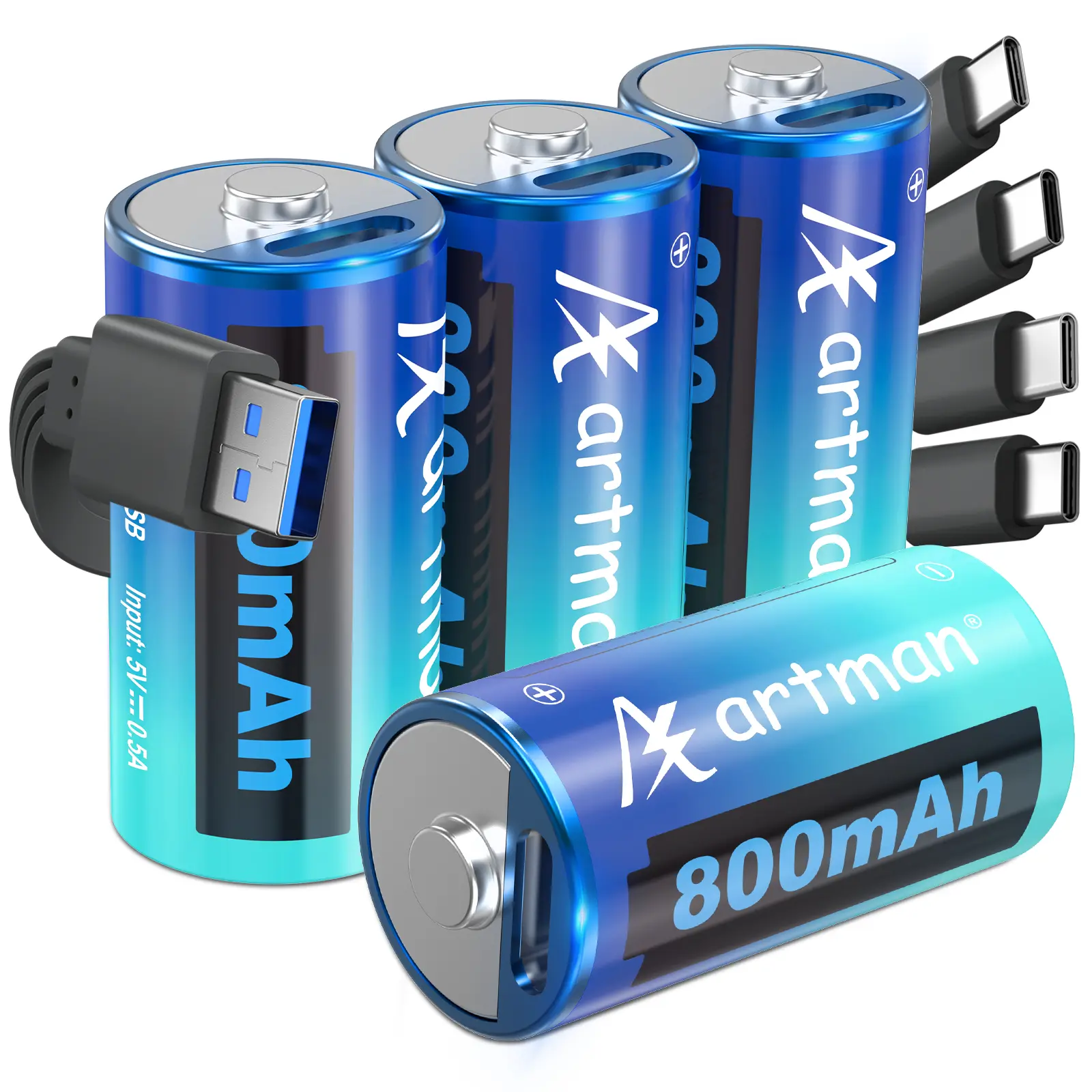 Artman CR123A High Capacity Rechargeable Batteries (4 Pack, 800mAh), 3V Lithium Batteries with USB-C Quick Charge Cable, Compatible with Arlo Cameras, SureFire Flashlights, Alarm Systems, LED Lights, Microphones for Long Time Use