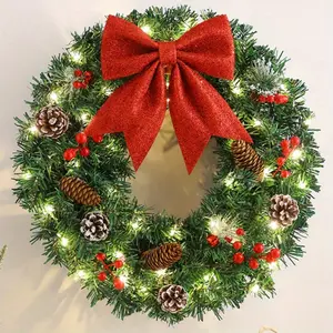 Christmas Wreath with Lights Winter Wreath 20 Inch Light up Christmas Door Wreath Large Pre-Lit Outdoor Wreath Holiday Christmas Decoration Christmas Wreath Christmas Party Decoration, Holiday Decoration Door Hanging, Outdoor Decoration