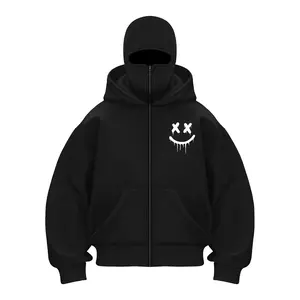 Men's Balaclava Hoodie Jacket Zip Up Smile Face Printed Fashion Double Layer Hoodie Hip Hop Outerwear Y2K Clothing for Men and Women