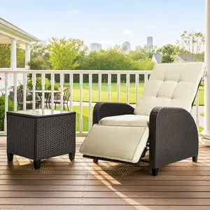 Royalcraft L Adjustable Rattan Recliner, Outdoor Lounge Chair with Backrest and Footrest, Weather-Resistant Wicker Patio Furniture with Storage Side Table for Deck, Porch, Backyard, Pool Side, 300lbs Capacity