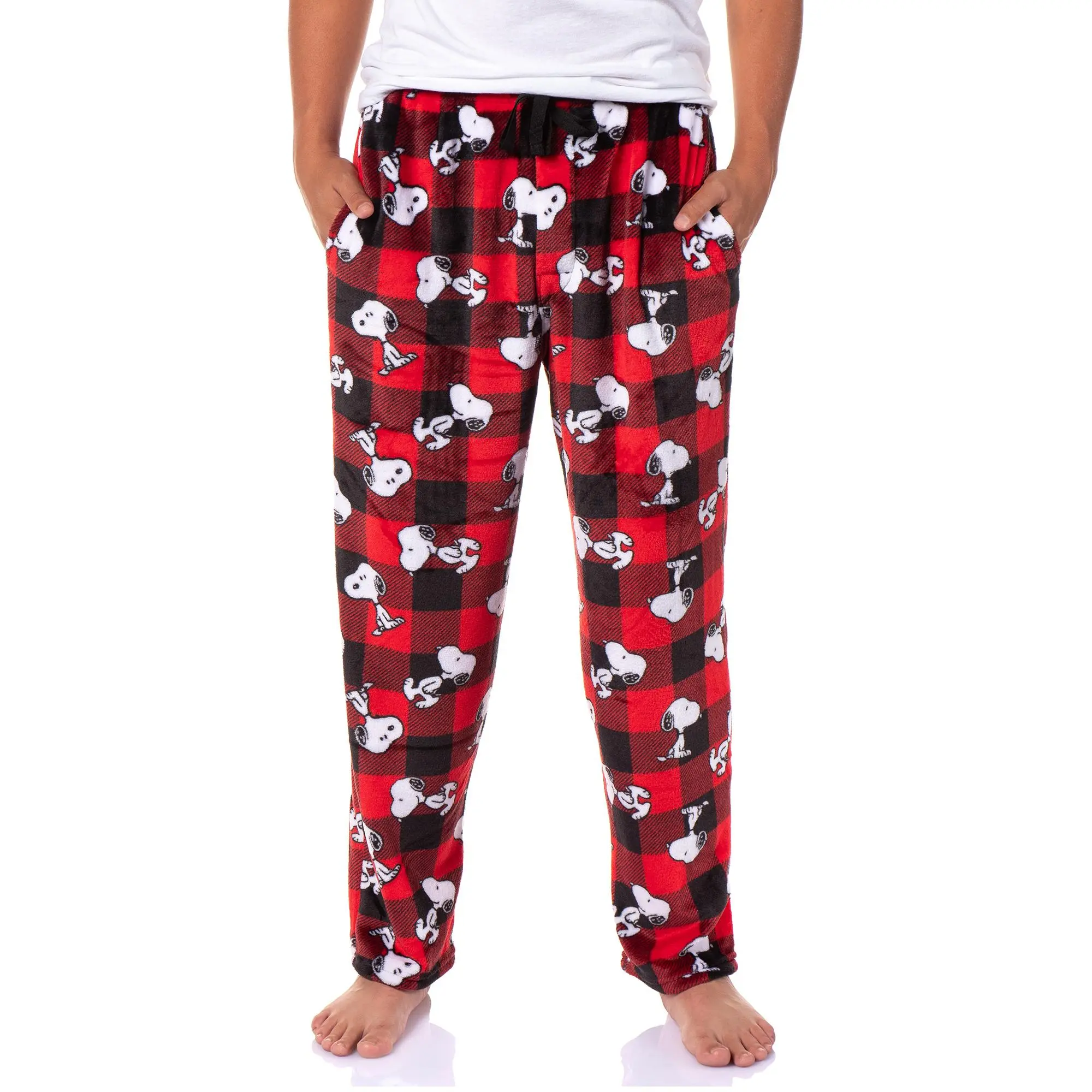 Men's Classic Peanuts Snoopy AOP Character Buffalo Toss Soft Polyester Fabric Nightwear Pajama Lounge Pants, Menswear with Side Pockets & Drawstring Waist, Print