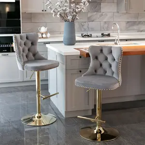 Swivel Bar Stools Set of 2, Adjustable Counter Height Velvet Upholstered Barstools with Nailheads Trim, Button Tufted Back and Golden Footrest, Bar Chairs for Dining Room Home Bar Kitchen