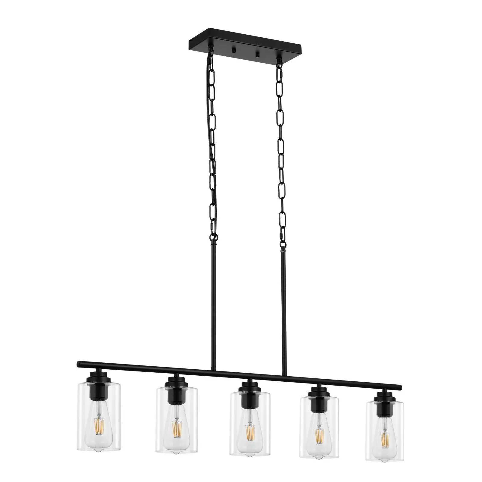 【Summerfinds】VEVOR 5-Light Kitchen Island Pendant Lights,  60W, Adjustable Dining Room Light Fixture with Clear Glass Lampshade 4 Rods 2 Metal Chains, Metal Frame Farmhouse Linear Chandeliers for Dining Room, E26