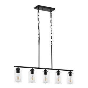 【Summervibes】VEVOR 5-Light Kitchen Island Pendant Lights,  60W, Adjustable Dining Room Light Fixture with Clear Glass Lampshade 4 Rods 2 Metal Chains, Metal Frame Farmhouse Linear Chandeliers for Dining Room, E26