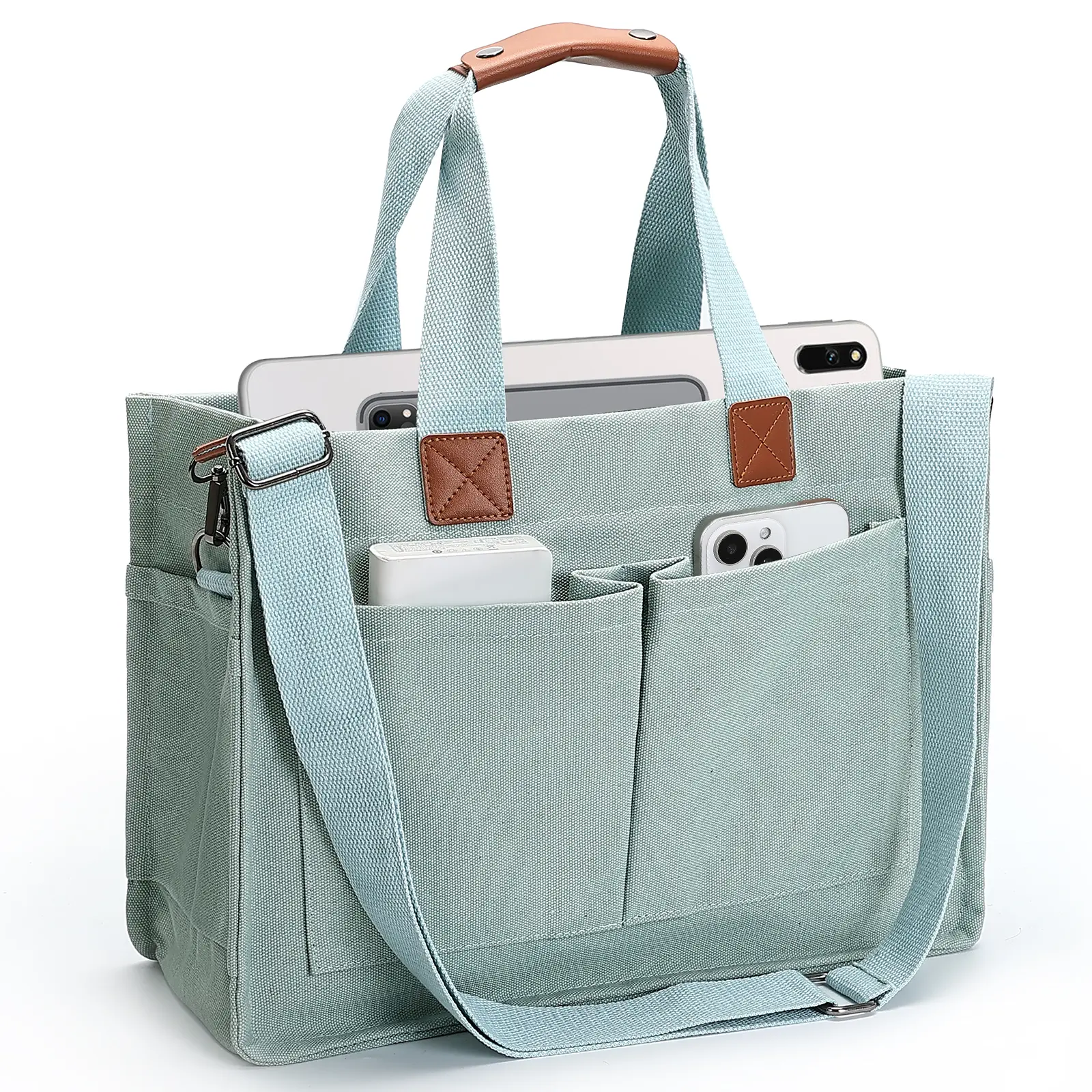 Women's Large Canvas Tote Bag with Pockets Adjustable Crossbody Strap Side Bottle Holder Back Zipper Section Organizer Fits Tablet Planner Books Teacher Nurse Student Office Travel Everyday Carry