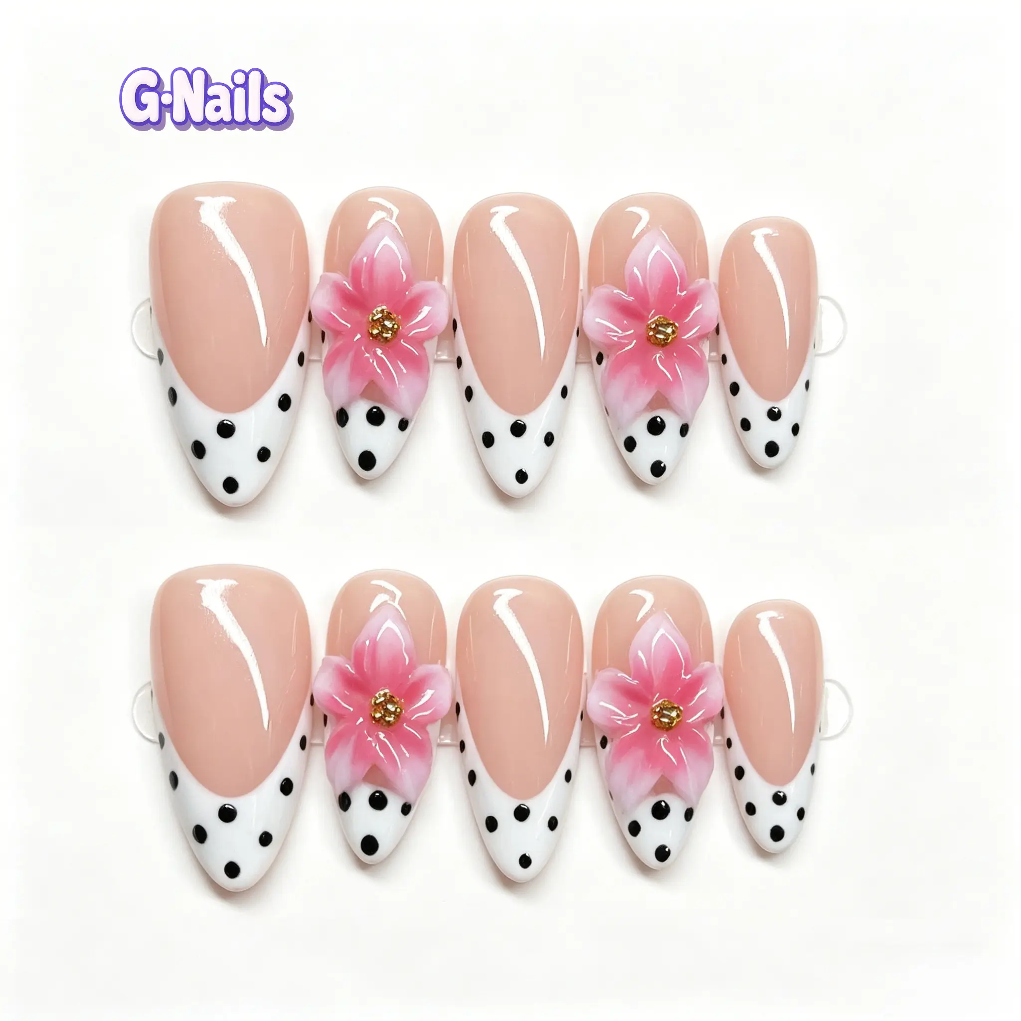 G Nails B06 Handmade Press On Nails (10pcs, Single Item, with Basic Tool Kit) - Polka Dot, 3D Plumeria Floral, Nude White French Tips - Summer, Vacation Beach Nails Press On, Press On Nails (With Basic Tool Kit)