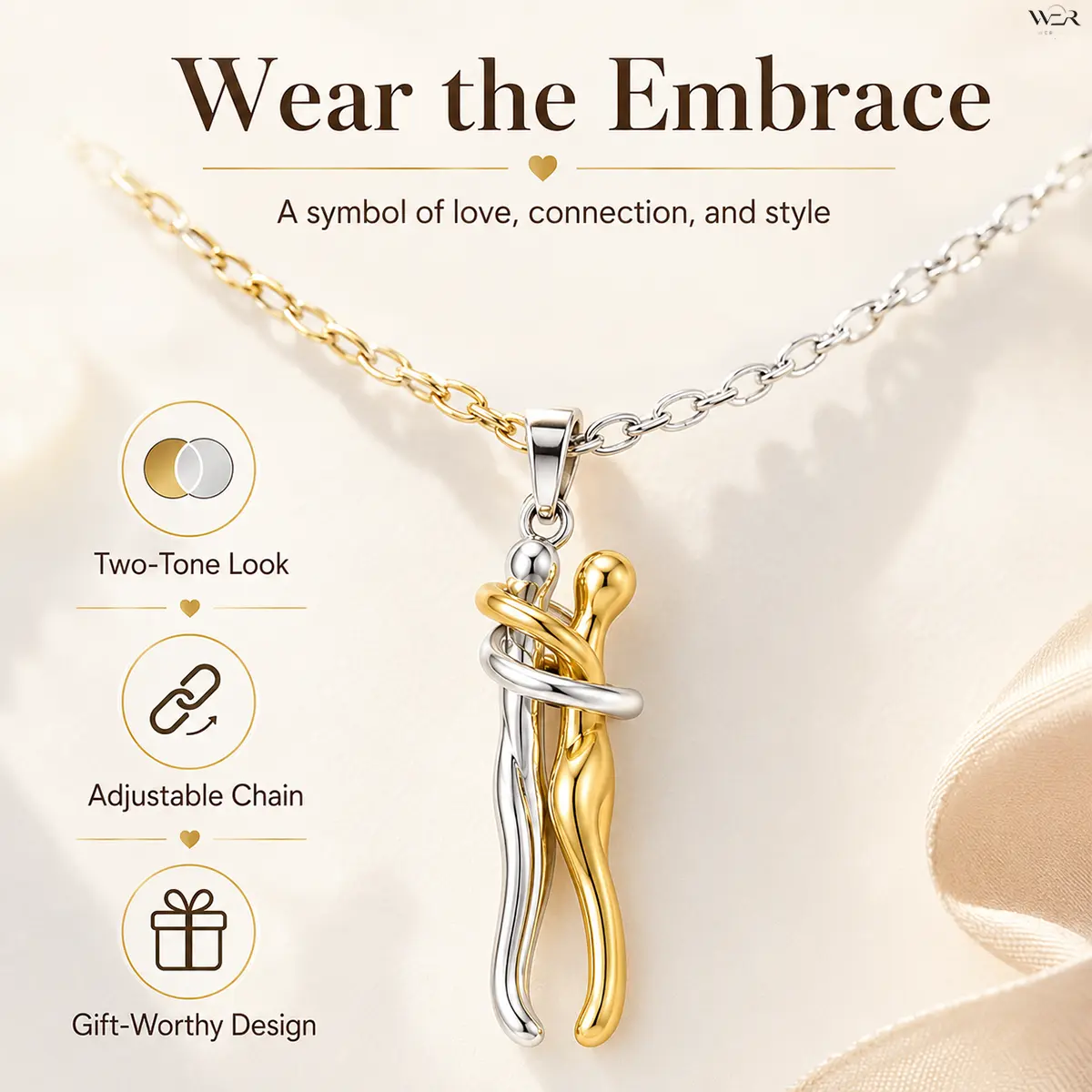 Women's Hugging Couple Design Pendant Necklace - 2-Tone Gold and Silver, Love-Themed, Lightweight Costume Jewelry for Casual Daily Wear, Two-Tone Look