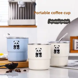 Creative Cute Panda Stainless Steel Coffee Cup with Lid and Straw Thermal Insulated Tumbler for Hot Iced Beverages Leak Proof Portable