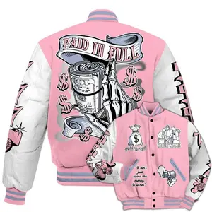 Aj5 Paid In Full Pink Varsity Bomber Jacket, Custom Name Hip Hop Streetwear Outerwear, Bold Sneaker Culture Fashion Gift