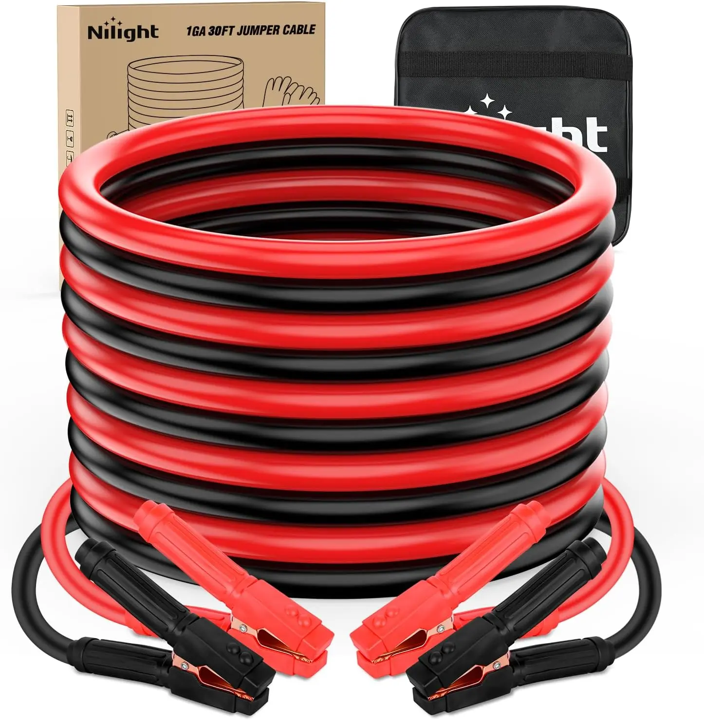 Nilight Heavy-Duty Car Battery Jumper Cables Kit - 1 Gauge, 30 ft, 900 A CCA Copper Clad Aluminum, Tangle-Free Booster Cables with PVC Coating, Gloves, Clamps & Storage Bag for Pickup Trucks’ Emergency Dead/Weak Battery Jump Starting (High Power Transfer)