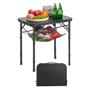 VEVOR Folding Camping Table,  Adjustable Height Portable Side Tables, Aluminum MDF Beach Table with Mesh Layer, Carrying Handle, Lightweight Compact for Outdoor Picnic BBQ Cooking, 24x16in, Black