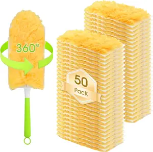 50 Count Heavy Duty Duster Compatible with Swiffer Duster, Disposable Microfiber Duster Refills with 1 Short Handle and 1 Extendable Handle