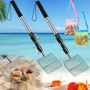 Upgraded 2Pack Shark Tooth Sifter, Beach Shell Scooper with Seashell Bags, Sand Sifter Shovel with Adjustable Stainless Steel Long Handle for Easy Digging Shark Teeth Collecting