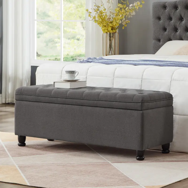 Bellemave Elegant 45x18x18in American Design Linen Upholstered Tufted Button Storage Bench - Short, Armless, Backless, Spindle Wooden Legs, Cushioned Stool, Footstool, Supports 230.25 lbs, Assembly Required, Living Room Furniture Decor