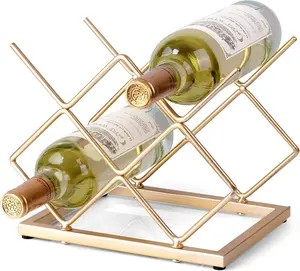5-Bottle Freestanding Countertop Wine Rack - Modern Gold Metal Tabletop Wine Holder Stand for Cabinet, Pantry, and Wine Bottle Storage