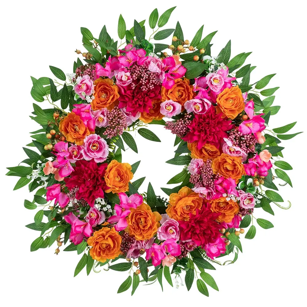 Summer Wreaths for Front Door: 26 Inch Spring Wreath Decorations for Home Outdoor Indoor - Pink Dahlia Orange Peony Flower Wreath with Hanger Outside Wall Window Fireplace Decor Summer Vibes