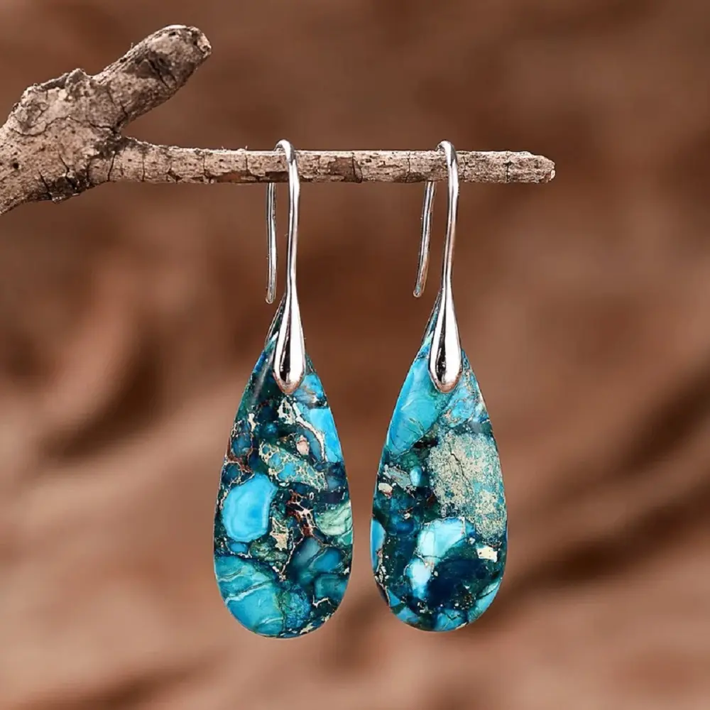 Natural Blue Stone Dangle Earrings Blue Gemstone Drop Earrings Healing Spiritual Meditation Earrings Anxiety Stress Relief