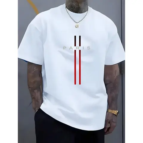 Men's Paris All Over Print Pure Cotton Short Sleeve T-Shirt - Casual Menswear, Athletic, Soft Round Neck, Slightly Stretchy Street Chic, Breathable Regular Fit, Machine Washable All-Season Bible Tops