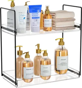 Bathroom Countertop Organizer, 2 Tier  Tray Vanity Counter Skincare Organizer Shelf,  Storage Holder for Lotion Makeup  Perfume , Black+Clear