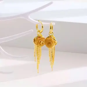 Rose Tassel Earrings 14K Gold Plated Long Drop Earrings French Style Floral Earrings Sparkling Chain Jewelry, Elegant Statement Earrings for Women DZEH4279 Chic