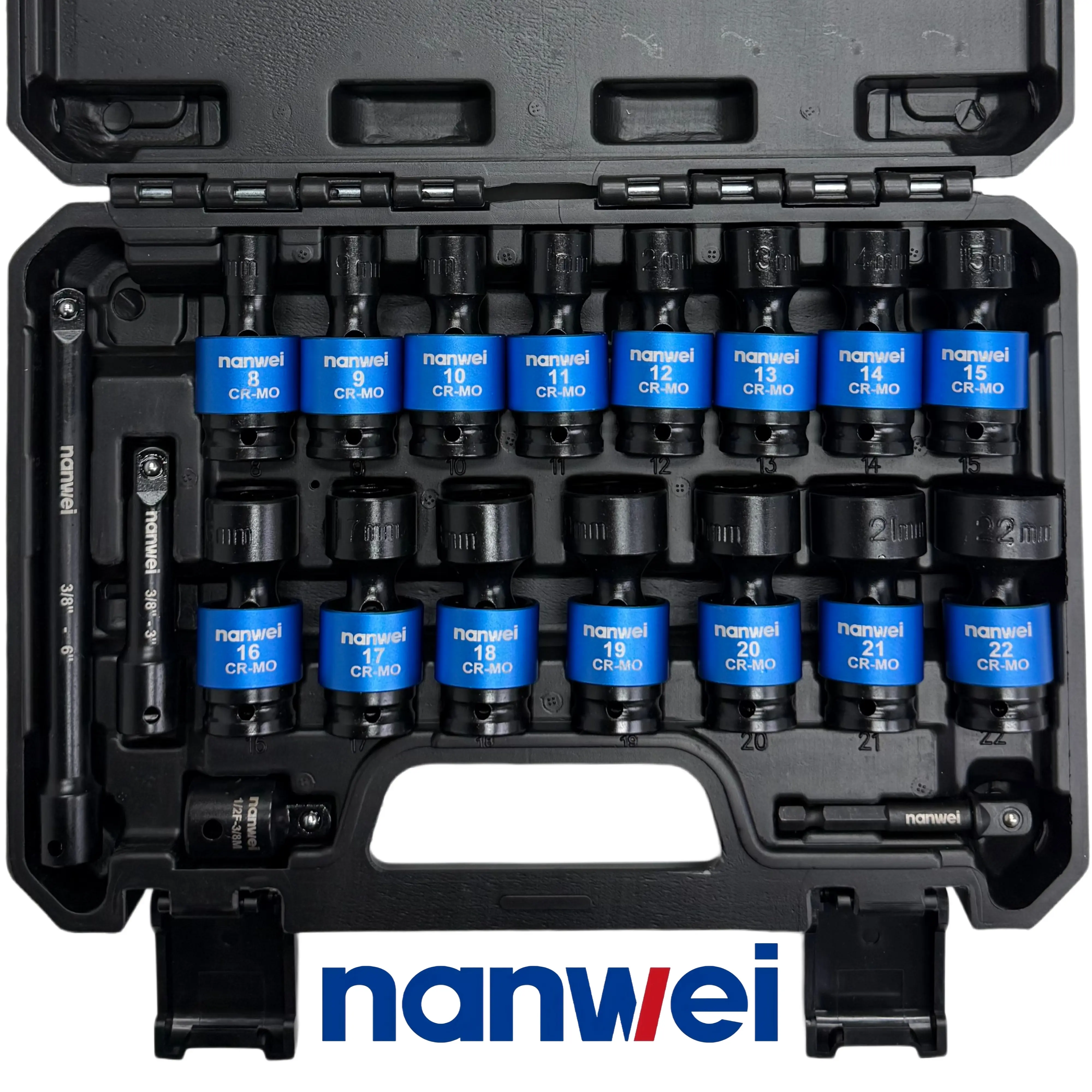 19Pcs 3/8 Inch Drive Universal Swivel Impact Socket Set, Metric 8-22mm CR-MO Flexible Joint Sockets with Extension Bars & U-Joint Adapter, Color Coded Impact Sleeves with Hard Storage Case for Auto Garage Mechanic Repair  , heavy duty hand tool.
