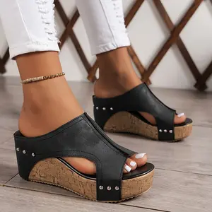 Women's Retro Wedge Sandals - Open Toe, Side Cut-Out Design, Comfortable Platform Shoes with Leather Upper and EVA/PVC Sole, Ladies Sandals