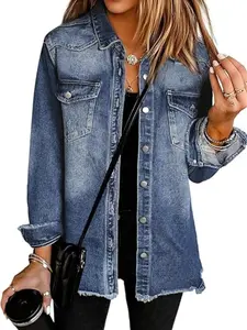 1 Spring Summer Shacket Women | Button Down Collared Chest Pocket Frayed Raw Hem Loose Fit Medium Wash Denim Jacket Coats | Casual Chic Vintage Style for Daily Vacation Travel Wear