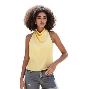 Women's Silk Satin Tank Tops Halter Draped Front Sexy Backless Womens Summer Tops Elegant Camisole Tops